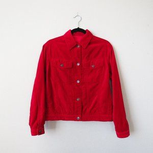 VINTAGE! Stylish Red Soft Cotton Velour Trucker Jacket Size- womens Small